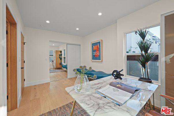 Dining room, Interior, Recessed Lighting, Wood Texture Flooring
