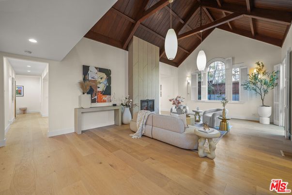 Fireplace, Interior, Living room, Pendant Lights, Recessed Lighting, Wooden Beams, Wooden Ceilings, Wood Texture Flooring