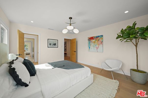 Bedroom, Interior, Pendant Lights, Recessed Lighting, Wood Texture Flooring