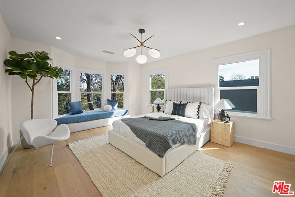 Bedroom, Interior, Pendant Lights, Recessed Lighting, Wood Texture Flooring