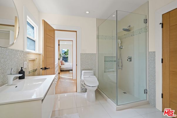Bathroom, Glass Shower, Interior, Recessed Lighting, Wood Texture Flooring