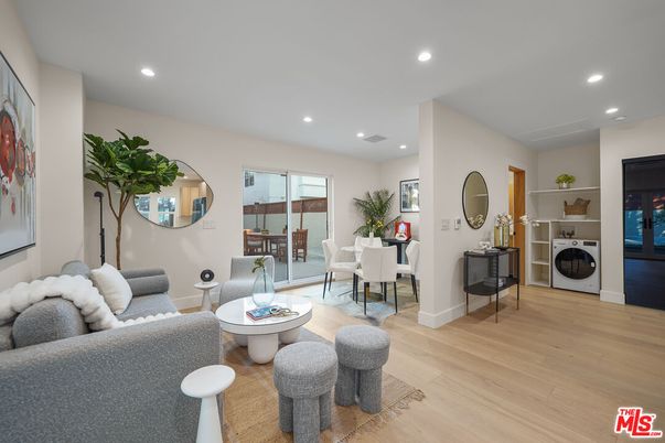 Dining room, Interior, Living room, Recessed Lighting, Washer, Wood Texture Flooring