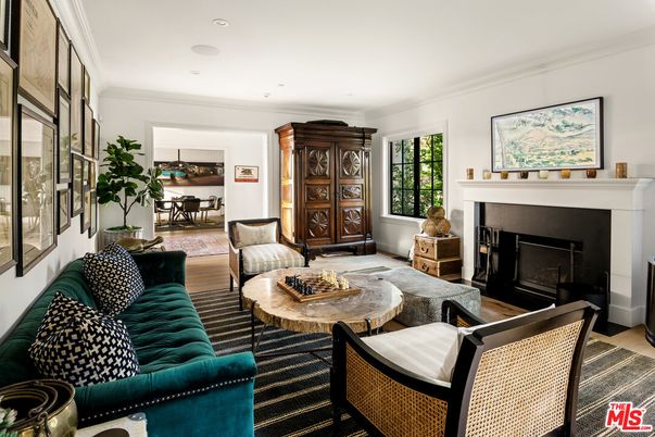 Dining room, Fireplace, Interior, Living room, Recessed Lighting, Wood Texture Flooring