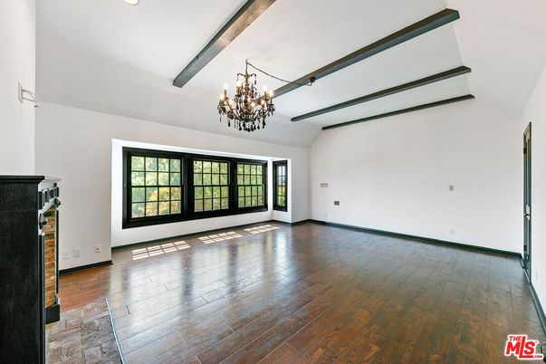 Chandelier, Empty room, Interior, Recessed Lighting, Wooden Beams, Wood Texture Flooring