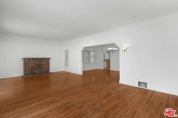 Chandelier, Empty room, Fireplace, Interior, Wood Texture Flooring
