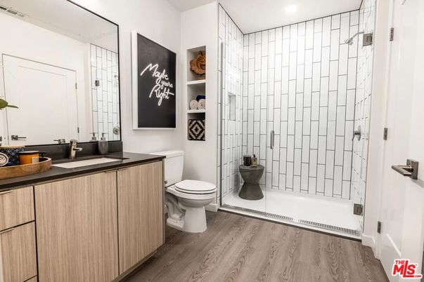 Bathroom, Glass Shower, Interior, Recessed Lighting, Wood Texture Flooring
