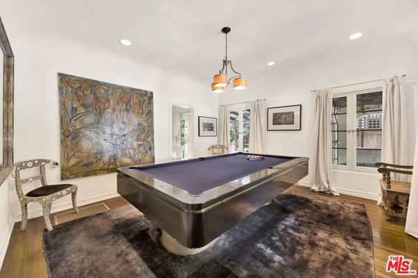 Billiard Table, Game Room, Interior, Pendant Lights, Recessed Lighting, Wood Texture Flooring