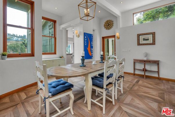 Dining room, Interior, Pendant Lights, Recessed Lighting, Wood Texture Flooring