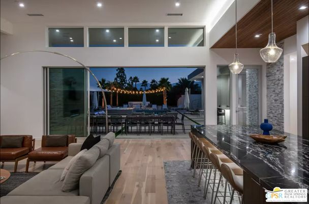Dining room, Interior, Living room, Pendant Lights, Recessed Lighting, Wood Texture Flooring
