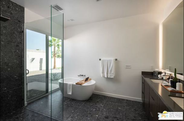 Bathroom, Free Standing Baths, Glass Shower, Interior, Recessed Lighting
