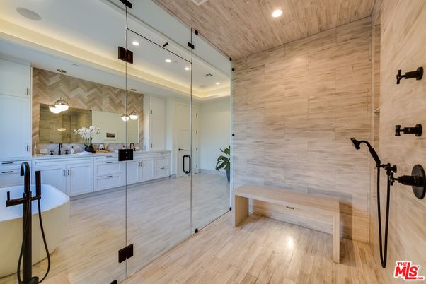 Bathroom, Interior, Pendant Lights, Recessed Lighting, Wooden Ceilings, Wood Texture Flooring, Wooden Walls