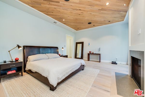 Bedroom, Fireplace, Interior, Recessed Lighting, Wooden Ceilings, Wood Texture Flooring
