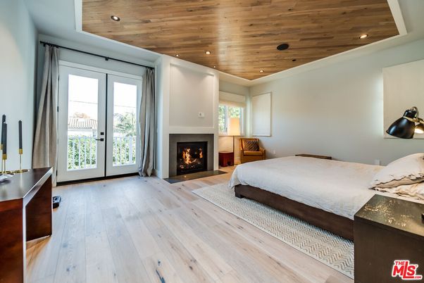 Bedroom, Fireplace, Interior, Recessed Lighting, Wooden Ceilings, Wood Texture Flooring