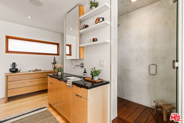 Bathroom, Glass Shower, Interior, Marble Walls, Recessed Lighting, Wood Texture Flooring