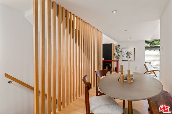 Dining room, Interior, Recessed Lighting, Wood Texture Flooring