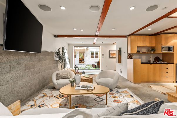 Interior, Living room, Recessed Lighting, Stone Walls, Wooden Beams