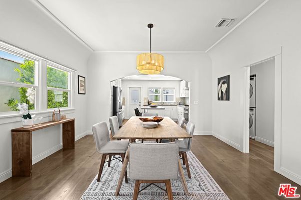 Dining room, Interior, Pendant Lights, Wood Texture Flooring