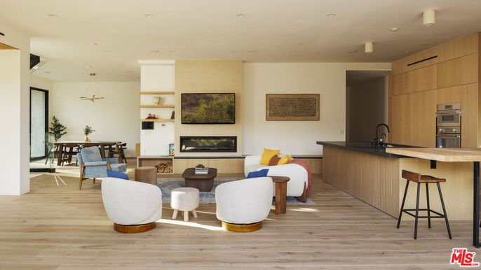 Dining room, Fireplace, Interior, Kitchen, Living room, Pendant Lights, Recessed Lighting, Wood Texture Flooring