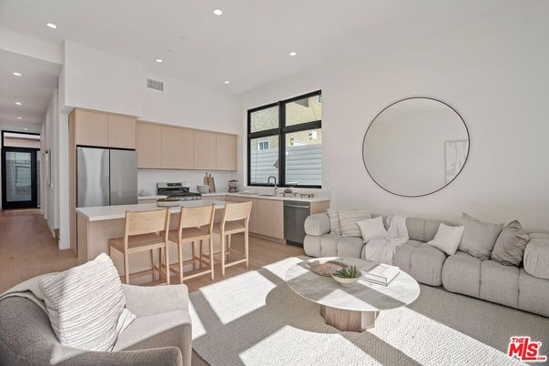 Interior, Kitchen, Living room, Recessed Lighting, Stainless Steel Appliances, Wood Texture Flooring