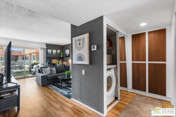 Interior, Living room, Recessed Lighting, Utility Closets, Washer, Wood Texture Flooring