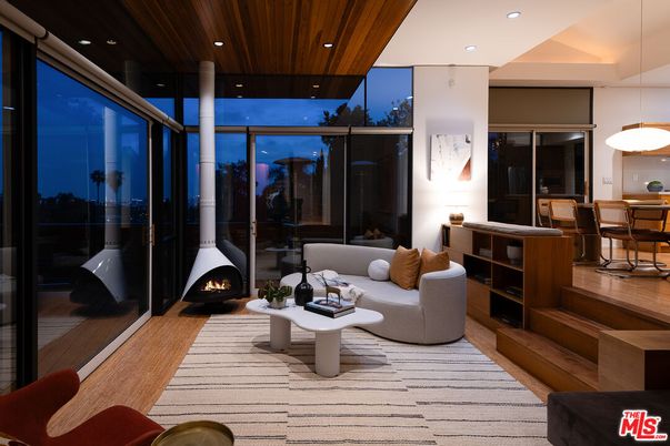 Dining room, Fireplace, Interior, Living room, Pendant Lights, Recessed Lighting, Wooden Ceilings, Wood Texture Flooring