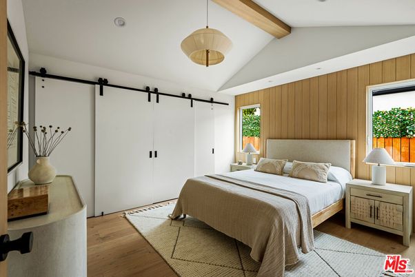 Bedroom, Interior, Pendant Lights, Wooden Beams, Wood Texture Flooring
