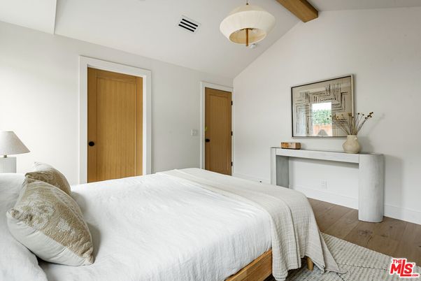 Bedroom, Interior, Pendant Lights, Wooden Beams, Wood Texture Flooring