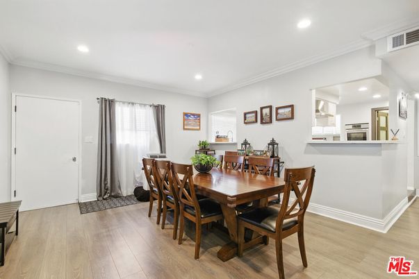 Dining room, Interior, Recessed Lighting, Wood Texture Flooring