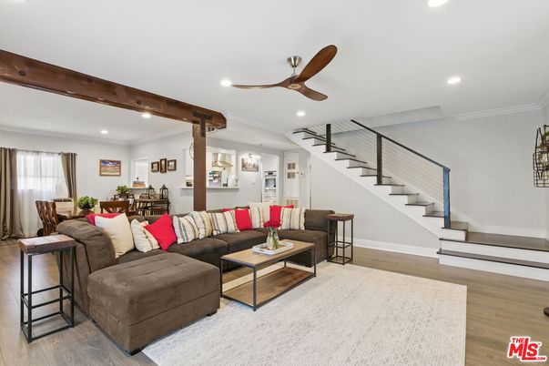 Dining room, Interior, Living room, Recessed Lighting, Wood Texture Flooring