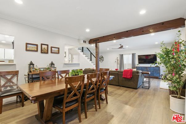 Dining room, Interior, Living room, Recessed Lighting, Wooden Beams, Wood Texture Flooring