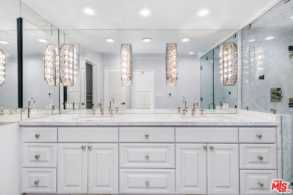 Bathroom, Dual Sink Vanities, Glass Shower, Interior, Marble Walls, Recessed Lighting