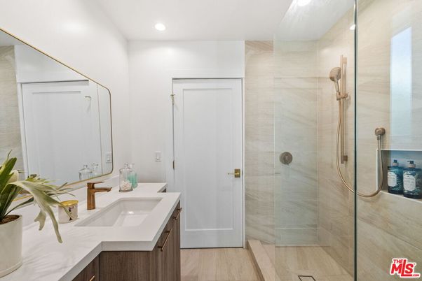 Bathroom, Glass Shower, Interior, Recessed Lighting, Wood Texture Flooring