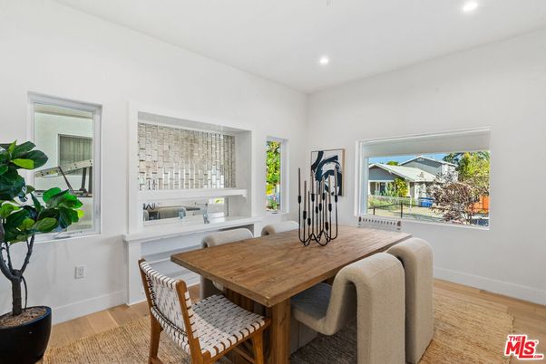 Dining room, Interior, Recessed Lighting, Wood Texture Flooring