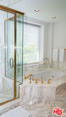 Bathroom, Glass Shower, Interior, Marble, Marble Walls, Recessed Lighting