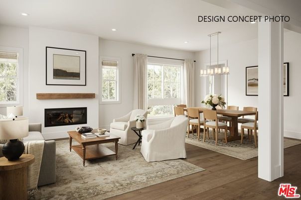 Dining room, Fireplace, Interior, Living room, Pendant Lights, Recessed Lighting, Wood Texture Flooring