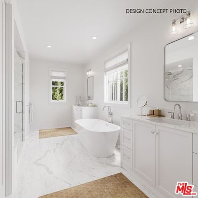 Bathroom, Dual Sink Vanities, Free Standing Baths, Glass Shower, Interior, Marble, Marble Walls, Recessed Lighting