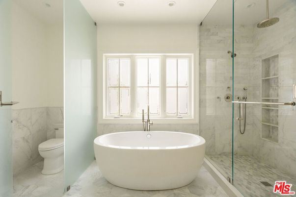 Bathroom, Free Standing Baths, Glass Shower, Interior, Marble, Marble Walls, Recessed Lighting