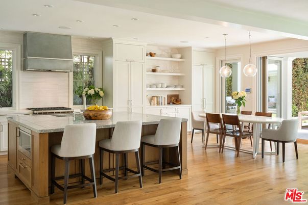 Dining room, Interior, Kitchen, Pendant Lights, Recessed Lighting, Stainless Steel Appliances, Wood Texture Flooring