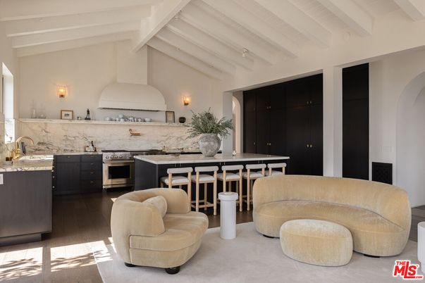 Interior, Kitchen, Marble Walls, Stainless Steel Appliances, Wood Texture Flooring