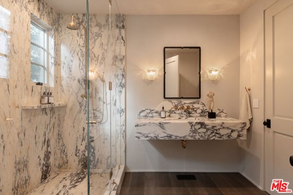 Bathroom, Glass Shower, Interior, Marble Walls, Wood Texture Flooring