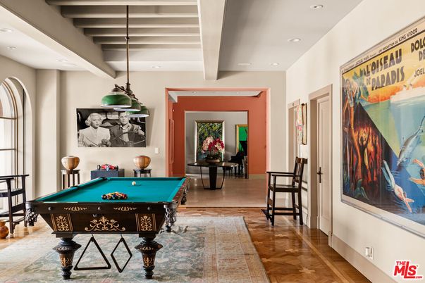 Billiard Table, Game Room, Interior, Pendant Lights, Recessed Lighting, Wood Texture Flooring