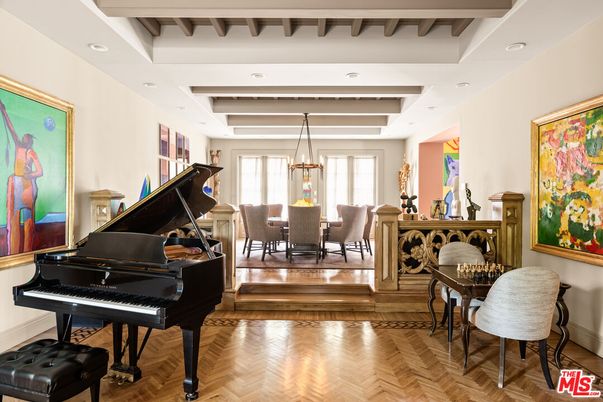 Dining room, Interior, Pendant Lights, Piano, Recessed Lighting, Wooden Beams, Wood Texture Flooring