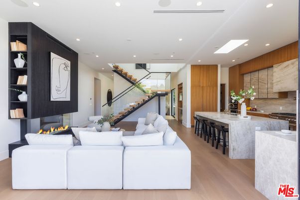 Fireplace, Interior, Kitchen, Living room, Recessed Lighting, Wood Texture Flooring