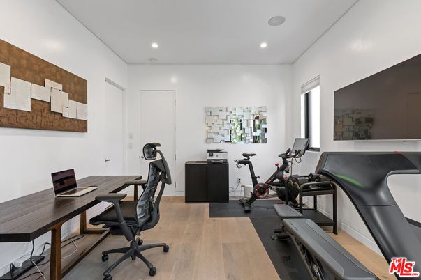 Fitness Equipment, Home Office, Interior, Recessed Lighting, Wood Texture Flooring