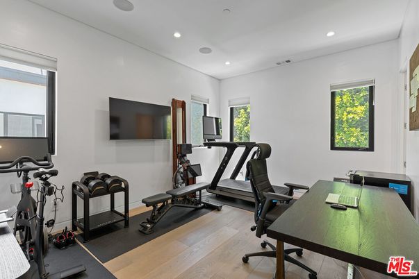 Fitness Equipment, Home Office, Interior, Recessed Lighting, Wood Texture Flooring