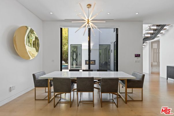 Dining room, Interior, Pendant Lights, Recessed Lighting, Wood Texture Flooring