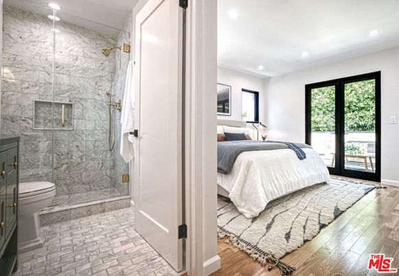 Bathroom, Bedroom, Glass Shower, Interior, Marble Walls, Recessed Lighting, Wood Texture Flooring