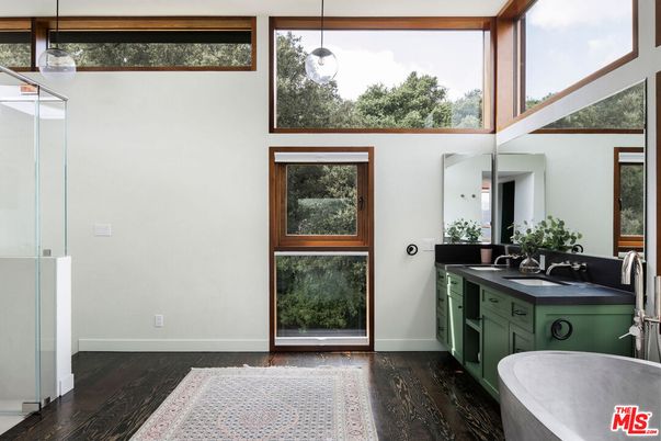 Bathroom, Dual Sink Vanities, Interior, Pendant Lights, Wood Texture Flooring