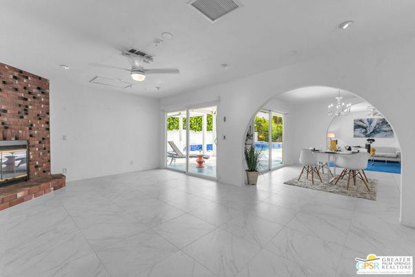 Chandelier, Dining room, Fireplace, Interior, Marble, Recessed Lighting, Stone Walls