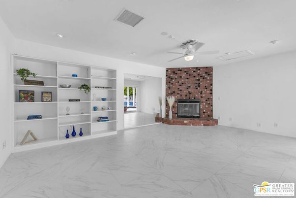 Empty room, Fireplace, Interior, Marble, Recessed Lighting, Stone Walls